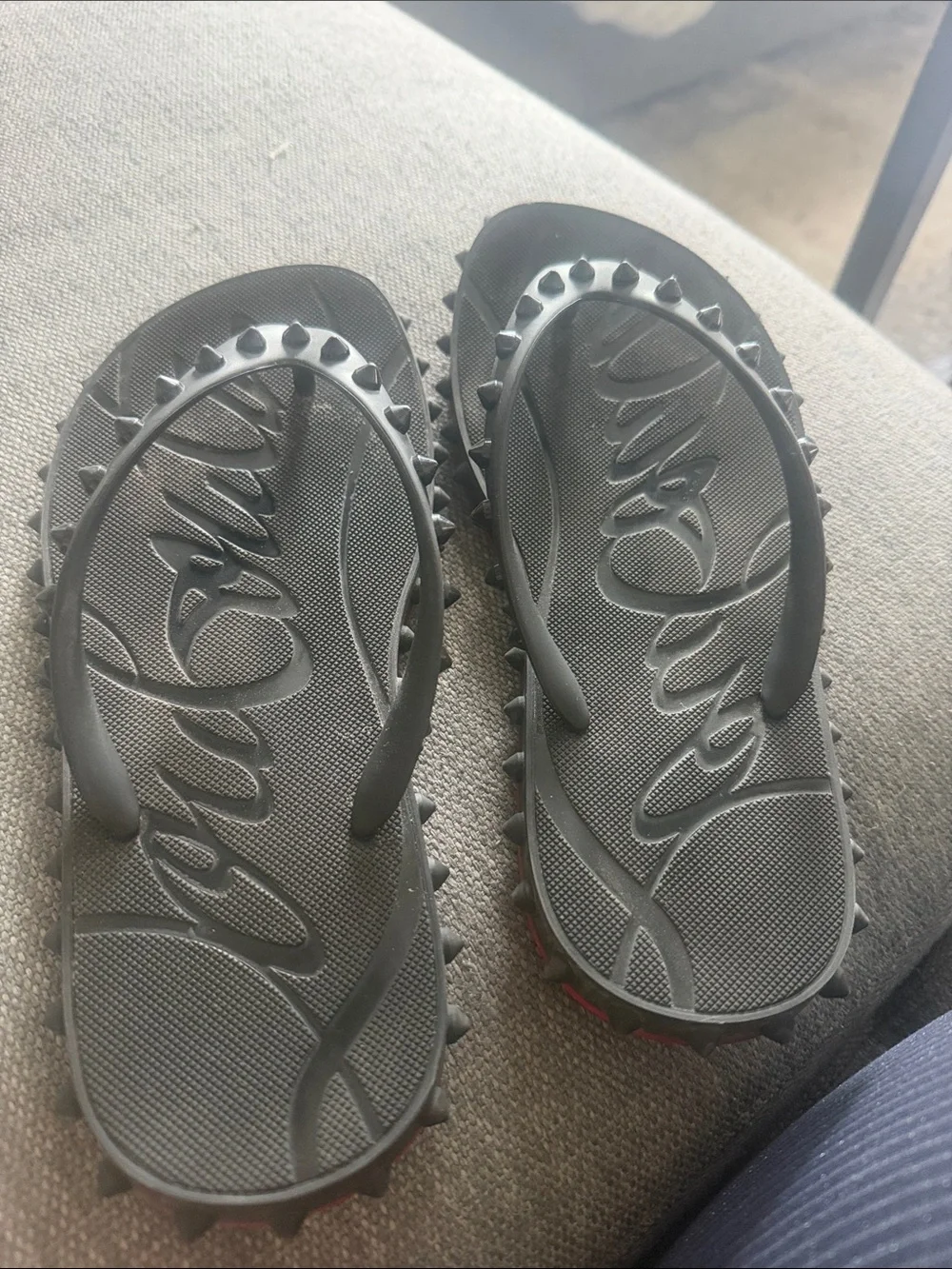 Christian Louboutin Black Studded Rubber Flip Flops